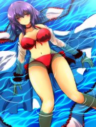 Rule 34 | 1girl, bikini, blush, breasts, collarbone, commentary request, drunk, floating hair, highres, large breasts, long sleeves, nagae iku, navel, nekominase, off shoulder, open clothes, open shirt, purple hair, red bikini, red eyes, shawl, shirt, solo, swimsuit, touhou, water, wet, wet clothes, wet shirt