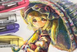 Rule 34 | 1girl, art tools in frame, ascot, blonde hair, bow, flandre scarlet, frilled shirt collar, frills, hat, hat ribbon, highres, hisako (6anmbblfnjueeff), mob cap, no wings, one side up, parasol, photo (medium), puffy short sleeves, puffy sleeves, red bow, red eyes, red ribbon, red vest, ribbon, shirt, short hair, short sleeves, solo, touhou, traditional media, umbrella, vest, white background, white shirt, wrist cuffs, yellow ascot