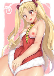 Rule 34 | 1girl, :o, accidental exposure, between breasts, blonde hair, blush, breasts, breasts out, christmas, covering privates, covering crotch, dress, earrings, embarrassed, ereshkigal (fate), fate/grand order, fate (series), fur trim, hair ribbon, hat, highres, jewelry, long hair, necklace, nipples, parted bangs, red dress, red eyes, red ribbon, ribbon, ryouya, santa costume, santa hat, skull, small breasts, solo, spine, star (symbol), star earrings, tohsaka rin, two side up, wardrobe malfunction