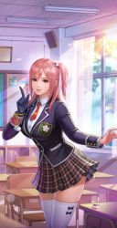 Rule 34 | 1girl, absurdres, artist request, blazer, breasts, buttons, classroom, closed mouth, commentary request, curtains, day, dead or alive, dead or alive 6, desk, fingernails, gloves, highres, honoka (doa), jacket, large breasts, lips, long hair, long sleeves, looking at viewer, medium breasts, necktie, official art, pink hair, pleated skirt, pom pom (clothes), ponytail, red eyes, school desk, school uniform, shiny skin, shirt, side ponytail, simple background, single glove, skirt, smile, solo, sunlight, the king of fighters, the king of fighters all-stars, thighhighs, thighs, white shirt, white thighhighs, window, zettai ryouiki