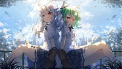 Rule 34 | 2girls, absurdres, animal ear fluff, animal ears, back-to-back, bag, blue hair, blue skirt, blush, bow, bowtie, cat ears, closed mouth, cloud, cloudy sky, commentary, darjeeling (reley), day, english commentary, feet out of frame, food, from side, green hair, hair ornament, highres, holding, holding food, holding hands, hololive, knees up, long hair, looking away, medium hair, multicolored hair, multiple girls, outdoors, parted lips, plaid, plaid skirt, popsicle, rabbit ears, red eyes, school bag, school uniform, shirt, short eyebrows, short sleeves, sitting, skirt, skull hair ornament, sky, smile, socks, thick eyebrows, twintails, two-tone hair, uruha rushia, uruha rushia (school uniform), usada pekora, virtual youtuber, white hair, white legwear, white shirt