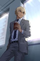 Rule 34 | 1boy, amuro tooru, belt, black belt, blonde hair, blue eyes, blue necktie, closed mouth, coffee cup, collared shirt, commentary request, cup, disposable cup, formal, grey jacket, grey pants, grey suit, hair between eyes, hand in pocket, holding, holding cup, indesign, indoors, jacket, light rays, long sleeves, looking outside, looking to the side, male focus, meitantei conan, necktie, open clothes, open jacket, pants, serious, shirt, short hair, signature, solo, standing, suit, sunbeam, sunlight, white shirt, window