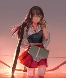 Rule 34 | 10s, 1girl, akagi (kancolle), bow (weapon), brown eyes, brown hair, gloves, japanese clothes, kantai collection, kzcjimmy, long hair, muneate, smile, weapon