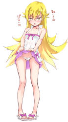Rule 34 | 1girl, :o, absurdres, bakemonogatari, bare legs, blonde hair, blush, body blush, bow, bow panties, collarbone, dress, eyebrows, feet, flat chest, full body, gluteal fold, hair between eyes, highres, long hair, long legs, looking at viewer, monogatari (series), no socks, open mouth, oshino shinobu, panties, pigeon-toed, pink bow, sandals, simple background, sleeveless, sleeveless dress, solo, standing, sundress, suzuki24, thighs, toes, translation request, underwear, very long hair, white background, white dress, white panties, yellow eyes
