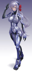 Rule 34 | 1girl, absurdres, armored bodysuit, blue eyes, bodysuit, breasts, character request, commentary request, covered navel, full body, hair ribbon, headgear, highres, impossible bodysuit, impossible clothes, kurione (zassou), large breasts, long hair, looking at viewer, muv-luv, muv-luv alternative, purple bodysuit, purple hair, ribbon, salute, solo, standing, two-tone bodysuit, very long hair