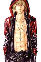 Rule 34 | 1boy, abs, black pants, blonde hair, cross, death note, hands in pockets, jacket, jewelry, leather, looking at viewer, male focus, mello (death note), necklace, open clothes, open shirt, pants, red jacket, scar, shirt, simple background, solo, white background