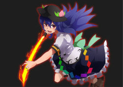 Rule 34 | 1girl, black background, blue hair, bow, cross-laced footwear, dress, female focus, food, fruit, hakutakuanta, hat, highres, hinanawi tenshi, long hair, open mouth, peach, red eyes, short sleeves, simple background, solo, sword, sword of hisou, touhou, weapon