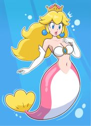 1girl, ^^^, air bubble, bangs, bare shoulders, bikini, bikini top, blonde hair, blue background, blue eyes, bra, breasts, brooch, bubble, cheep cheep, cleavage, collarbone, crown, elbow gloves, eyelashes, fins, fish, full body, gloves, hand up, highres, jewelry, large breasts, lips, long hair, lumaart, mario (series), mermaid, monster girl, motion lines, navel, new super mario bros. u deluxe, nintendo, outline, parted lips, personification, pink lips, princess peach, solo, strapless, strapless bra, super crown, swimsuit, thick lips, underwater, underwear, very long hair, white bra, white outline, wide hips