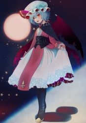 Rule 34 | 1girl, bad id, bad twitter id, bat wings, blue hair, boots, brooch, cloak, corset, dress, fang, fingernails, floral print, full body, full moon, hat, hat ribbon, highres, jewelry, looking down, mob cap, moon, nail polish, open mouth, red eyes, red nails, remilia scarlet, ribbon, sharp fingernails, shi chimi, short hair, skirt hold, solo, star (symbol), touhou, walking, wings