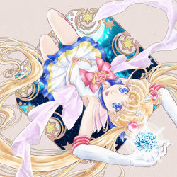 Rule 34 | 1girl, aono rin, bishoujo senshi sailor moon, blonde hair, blue eyes, blue sailor collar, bow, brooch, crystal, double bun, elbow gloves, full body, gloves, hair bun, heart, heart brooch, jewelry, long hair, maboroshi no ginzuishou, magical girl, multicolored clothes, multicolored skirt, pleated skirt, red bow, ribbon, sailor collar, sailor moon, skirt, smile, solo, super sailor moon, tiara, tsukino usagi, twintails, upside-down, white gloves