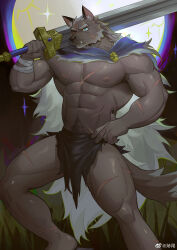 Rule 34 | 1boy, abs, bandages, bara, blaidd the half-wolf, bulge, cape, contrapposto, elden ring, feet out of frame, frde, furry, furry male, highres, large pectorals, loincloth, male focus, mature male, muscular, muscular male, navel, navel hair, nipples, over shoulder, pectorals, scar, scar on chest, scar on leg, short hair, sideburns, solo, standing, stomach, sword, sword over shoulder, thick eyebrows, thick thighs, thighs, topless male, tusks, weapon, weapon over shoulder, wolf boy