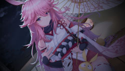 Rule 34 | 1girl, absurdres, animal ears, bare shoulders, closed mouth, cloud, cloudy sky, doll, fox ears, fox mask, highres, holding, holding paper, homu (honkai impact), honkai (series), honkai impact 3rd, hy199802, japanese clothes, looking at viewer, mask, miko, night, night sky, oil-paper umbrella, outdoors, paper, pink hair, pink skirt, purple eyes, skirt, sky, smile, solo, thighhighs, umbrella, white sleeves, white thighhighs, yae sakura, yae sakura (gyakushinn miko)