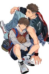 Rule 34 | 2boys, aged down, bag, ball, bandaid, bandaid on cheek, bandaid on face, bandaid on forehead, bandaid on leg, basketball (object), basketball jersey, bishounen, blue shorts, brothers, brown eyes, brown hair, clothes around waist, denim, duffel bag, full body, grey hoodie, gyou chin, highres, holding, holding ball, hood, hoodie, jacket, jacket partially removed, jeans, layered sleeves, looking at viewer, male focus, miyagi ryouta, miyagi sota, multiple boys, off shoulder, on ground, open mouth, pants, shirt, shirt around waist, shoes, shorts, siblings, side-by-side, sitting, slam dunk (series), smile, sneakers, undercut, wavy hair, white background, wristband