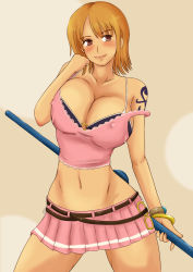 Rule 34 | 1girl, blush, bracelet, breasts, brown eyes, cleavage, highres, jewelry, large breasts, looking to the side, momo 765, nami (one piece), navel, one piece, one piece: pirate warriors, orange hair, pink shirt, pink skirt, pirate, shirt, short hair, skirt, solo, strap slip