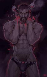 Rule 34 | 1boy, abs, absolum art, bara, black male underwear, bodypaint, briefs, bulge, chest hair, cowboy shot, dark-skinned male, dark skin, facial hair, goatee, hand on own neck, hands on own neck, highres, large pectorals, looking at viewer, male focus, male pubic hair, male underwear, mature male, muscular, muscular male, navel, navel hair, nipples, overwatch, overwatch 1, pectorals, pubic hair, reaper (overwatch), short hair, solo, standing, stomach, topless male, underwear, underwear only