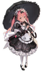 Rule 34 | 1girl, :&lt;, apron, blush, bow, cocoa (nikke), commentary request, full body, goddess of victory: nikke, kkuem, long hair, maid, maid apron, maid headdress, mary janes, non-web source, official art, pantyhose, petticoat, pink hair, ribbon, shoes, solo, source request, twintails, umbrella, umbrella gun, yellow eyes