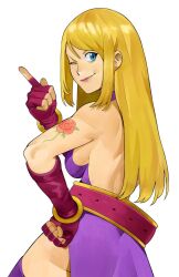 Rule 34 | 1girl, ass, backless dress, backless outfit, bare back, blonde hair, blue eyes, breasts, dress, fatal fury, fingerless gloves, floral print, from behind, garou: mark of the wolves, gloves, jenet behrn, large breasts, long hair, looking back, one eye closed, purple dress, rose print, sideboob, snk, tagme, tattoo, the evanjer, the king of fighters, v, wink