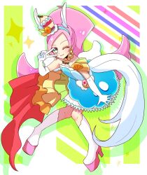 Rule 34 | 1girl, abstract background, animal ears, blue dress, blue hairband, blush, boots, closed mouth, collarbone, cure parfait, dress, earrings, elbow gloves, extra ears, flipped hair, food-themed hair ornament, full body, gloves, green eyes, hair ornament, hairband, highres, horse ears, horse tail, jewelry, kirahoshi ciel, kirakira precure a la mode, knee boots, knees together feet apart, long hair, looking at viewer, multicolored background, necklace, norinorio59, one eye closed, pearl necklace, pink hair, ponytail, precure, short dress, smile, solo, standing, star (symbol), star in eye, symbol in eye, tail, v, white footwear, white gloves, white wings, wings