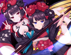 Rule 34 | 2girls, :&lt;, bare legs, bare shoulders, barefoot, black hair, black kimono, blue eyes, blush, breasts, calligraphy brush, closed mouth, collarbone, double v, dual persona, fate/grand order, fate (series), hair ornament, hands up, highres, holding, holding paintbrush, japanese clothes, katsushika hokusai (fate), katsushika hokusai (third ascension) (fate), kimono, ko yu, large breasts, long sleeves, looking at viewer, multiple girls, obi, oversized object, paintbrush, parted lips, red eyes, revealing clothes, sash, short hair, smile, toenails, triangle mouth, v, v-shaped eyebrows, wide sleeves