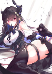 Rule 34 | 1girl, absurdres, ass, asymmetrical horns, bare shoulders, black hair, blue hair, breasts, colored inner hair, demon horns, dress, fur trim, hair ornament, highres, hololive, hololive english, horns, large breasts, long hair, looking at viewer, mole, mole under eye, multicolored hair, nerissa ravencroft, nerissa ravencroft (1st costume), red eyes, rnadudn, smile, solo, thick thighs, thighhighs, thighs, two-tone hair, uneven horns, virtual youtuber