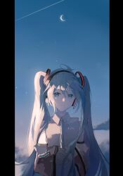 Rule 34 | 1girl, absurdres, aqua eyes, aqua hair, aqua necktie, bare shoulders, black sleeves, blue sky, closed mouth, cloud, cloudy sky, collared shirt, commentary, crescent moon, detached sleeves, grey shirt, hatsune miku, hatsune miku (nt), headphones, highres, long hair, looking at viewer, moon, necktie, outdoors, own hands together, piapro, shirt, sky, sleeveless, sleeveless shirt, smile, solo, twintails, upper body, vocaloid, wide sleeves, yurun (yurun ume)