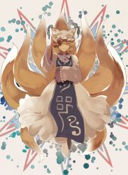 Rule 34 | 1girl, animal hat, beige background, blonde hair, commentary, dress, fox shadow puppet, fox tail, frilled sleeves, frills, full body, grin, hand up, hat, highres, kerok (joniko1110), looking at viewer, mob cap, multiple tails, short hair, sleeves past wrists, smile, socks, solo, tabard, tail, touhou, white dress, white hat, white socks, wide sleeves, yakumo ran, yellow eyes