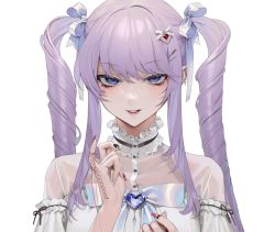 Rule 34 | 1girl, black choker, blue eyes, choker, collarbone, commentary, drill hair, drill hair girl (ohisashiburi), earrings, frills, hair ornament, hair ribbon, hands up, heart, heart hair ornament, highres, jewelry, long hair, long sleeves, looking at viewer, multicolored nails, my melody, nail polish, ohisashiburi, onegai my melody, original, parted lips, portrait, red nails, ribbon, sanrio, sidelocks, simple background, smile, solo, symbol-only commentary, twin drills, white background, white ribbon