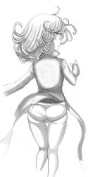 Rule 34 | 1girl, absurdres, ass, blush, clothes lift, crotch seam, dress, dress lift, fat mons, graphite (medium), green hair, greyscale, highres, kneepits, lace, lace-trimmed panties, lace trim, long sleeves, looking at viewer, looking back, monochrome, okayou, one-punch man, panties, pantyshot, short hair, sketch, solo, standing, tatsumaki, thigh gap, traditional media, underwear