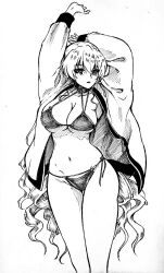 Rule 34 | 1girl, alternate hairstyle, arm behind head, armpits, arms up, bikini, breasts, claire harvey, cleavage, drill hair, highres, hundred (light novel), large breasts, legs, long hair, looking at viewer, monochrome, navel, solo, swimsuit, thighs, very long hair