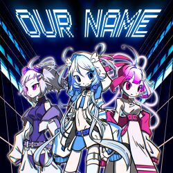 Rule 34 | 3girls, album cover, bare shoulders, belt, blue eyes, blue hair, breasts, colored skin, cover, cowboy shot, crop top, denonbu, flat chest, glowing, goggles, goggles on head, highres, hood, hood up, jacket, kanou hikari, long hair, looking at viewer, looking to the side, medium breasts, midriff, multicolored hair, multiple girls, neneruneru, official art, pink eyes, pink hair, second-party source, short hair, skirt, smile, song name, standing, streaked hair, unaiukino, white hair, white jacket, white skin, yanami rain
