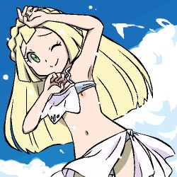 Rule 34 | 1girl, aliasing, arm up, armpits, bikini, blonde hair, blue background, blue bikini, blue sky, braid, clenched hand, closed mouth, cloud, cowboy shot, creatures (company), day, female focus, flat chest, french braid, game freak, gomatarou (pixiv196136), green eyes, hand up, happy, jaggy lines, lillie (pokemon), long hair, lowres, navel, nintendo, nipple slip, nipples, one eye closed, outdoors, pokemon, pokemon (anime), pokemon sm (anime), sarong, sky, smile, solo, splashing, standing, stomach, swimsuit, wardrobe malfunction, water, white sarong