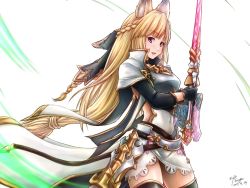 Rule 34 | 10s, 1girl, animal ears, armor, backless outfit, bad id, bad twitter id, blonde hair, blush, braid, breastplate, choker, eltnage, erune, from side, gloves, granblue fantasy, holding, holding sword, holding weapon, long hair, open mouth, pink eyes, ribbon, shield, simple background, smile, solo, sword, thighhighs, thighs, weapon, yuisis (granblue fantasy)