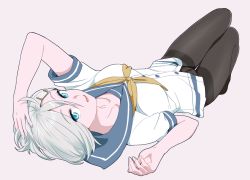 Rule 34 | 10s, arm up, bad id, bad twitter id, black pantyhose, blue eyes, breasts, collarbone, full body, grey background, hair ornament, hairclip, hamakaze (kancolle), hand on own head, kantai collection, looking at viewer, lying, medium breasts, no pants, ojipon, on back, panties, panties under pantyhose, pantyhose, sailor collar, sailor shirt, shirt, silver hair, simple background, smile, solo, thighband pantyhose, underwear