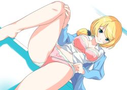 Rule 34 | 1girl, barefoot, blonde hair, blue eyes, blue jacket, bra, breasts, cameltoe, cleavage, collared shirt, ellen baker, hand on own knee, jacket, leg up, long hair, looking at viewer, low-tied long hair, midriff, navel, new horizon, no pants, nylon (nylon 100%), open clothes, open shirt, panties, pointer, ponytail, scrunchie, shirt, sitting, smile, solo, strapless, strapless bra, teacher, underwear