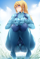 Rule 34 | 1girl, ass, blonde hair, blue bodysuit, blue eyes, bodysuit, breasts, cameltoe, closed mouth, cloud, covered erect nipples, embarrassed, female focus, from below, grass, hair between eyes, head tilt, highres, hip focus, huge ass, knees together feet apart, large breasts, legs, long hair, looking at viewer, looking down, metroid, mizuyan, neck, nintendo, outdoors, ponytail, samus aran, shy, skin tight, sky, solo, squatting, thick thighs, thighs, wide hips, zero suit