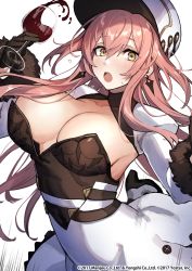 Rule 34 | 1girl, arched back, azur lane, breasts, collarbone, copyright name, cup, earrings, fur-trimmed sleeves, fur trim, hair between eyes, hair censor, hair intakes, hat, highres, holding, holding cup, jewelry, large breasts, long hair, long sleeves, looking at viewer, mephisto (angraecum), motion lines, no bra, official art, open mouth, pink hair, shrug (clothing), solo, spilling, teeth, upper teeth only, volga (azur lane), wardrobe malfunction, white hat