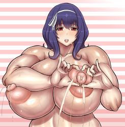 Rule 34 | blue hair, breasts, breasts squeezed together, gigantic breasts, heart, heart hands, highres, lactation, large areolae, milk, muscular, muscular female, nipple stimulation, nipple tweak, nipples, projectile lactation, purple hair, red eyes, seikon no qwaser, solo, tagme, veins, veiny breasts, yamanobe tomo, ponkotsu (robolobo4956)