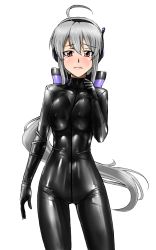 Rule 34 | 1girl, ahoge, black bodysuit, blush, bodysuit, breasts, catsuit, covered erect nipples, female focus, frown, gloves, hair ribbon, headphones, highres, large breasts, latex, latex suit, long hair, looking at viewer, plugsuit, ponytail, red eyes, ribbon, rubber, silver hair, simple background, skin tight, solo, tears, thigh gap, tmzf, very long hair, vocaloid, white background, yowane haku