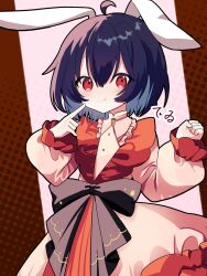 Rule 34 | 1girl, :q, adapted costume, ahoge, animal ears, black bow, black hair, bow, carrot, character name, collared dress, commentary, cowboy shot, dress, frilled sleeves, frills, hands up, highres, inaba tewi, index finger raised, lennonrine, long sleeves, looking at viewer, pink dress, rabbit ears, red dress, red eyes, short hair, solo, tongue, tongue out, touhou, two-tone dress, waist bow