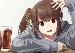 Rule 34 | 1girl, brown hair, close-up, collarbone, cup, drink, fingernails, grey jacket, hair ribbon, hand on own head, hood, hoodie, ice, jacket, jewelry, leaning on table, long fingernails, long hair, long sleeves, looking at viewer, magia record: mahou shoujo madoka magica gaiden, mahou shoujo madoka magica, noeru, open mouth, orange eyes, ponytail, ribbon, ring, side ponytail, sleeves past wrists, smile, solo, table, teeth, yellow ribbon, yui tsuruno