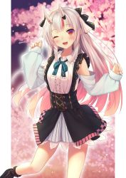 Rule 34 | 1girl, blonde hair, blush, cherry blossoms, fang, frills, gradient hair, highres, hololive, horns, multicolored eyes, multicolored hair, nail polish, nakiri ayame, nakiri ayame (girly), official alternate costume, one eye closed, open mouth, pillarboxed, pink hair, pink nails, purple eyes, red eyes, silver hair, skin-covered horns, smile, solo, thighs, tokoshibyra, twitter username, virtual youtuber