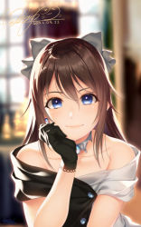Rule 34 | 1girl, bare shoulders, black bow, black dress, black gloves, blue eyes, blurry, blurry background, bow, brown hair, buttons, choker, collarbone, dress, drop earrings, earrings, evening gown, gloves, hair between eyes, hair bow, highres, hozumi kaoru, jewelry, lace, lace gloves, long hair, looking at viewer, love live!, love live! nijigasaki high school idol club, multicolored clothes, necklace, off-shoulder dress, off shoulder, osaka shizuku, sidelocks, sleeveless, sleeveless dress, solitude rain (love live!), solo, two-tone dress, white dress