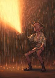 Rule 34 | 1girl, :d, brown eyes, brown hair, embers, fire, fireworks, fundoshi, happy, japanese clothes, looking at viewer, night, nitera1041, open mouth, original, rain, rope, shower of sparks, smile, solo, sparks
