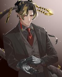 Rule 34 | 1boy, alternate costume, arknights, black gloves, black hair, black jacket, black shirt, black suit, blonde hair, buttons, chong yue (arknights), collared shirt, commentary, dragon boy, dragon horns, dragon tail, earrings, formal, gloves, gold trim, highres, horns, jacket, jewelry, kyouno (echo field), light smile, long hair, looking to the side, male focus, multicolored hair, necktie, parted bangs, pointy ears, red eyes, red necktie, shirt, solo, streaked hair, suit, tail, tassel, tassel earrings, upper body