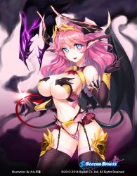 Rule 34 | 1girl, bare shoulders, bell, black gloves, black thighhighs, blush, bow, bow panties, breasts, cleavage, demon girl, demon tail, demon wings, elbow gloves, garter straps, gloves, highleg, highleg panties, horns, jewelry, jingle bell, large breasts, lilith (soccer spirits), long hair, looking at viewer, lots of jewelry, navel, original, panties, pink hair, pink panties, pointy ears, smile, snowball22, soccer spirits, solo, tail, thighhighs, underwear, wings