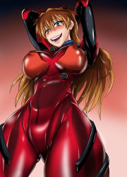 Rule 34 | 1girl, arms behind head, blue eyes, bodysuit, breasts, brown hair, cowboy shot, curvy, gradient background, hair between eyes, interface headset, large breasts, lips, long hair, looking at viewer, naughty face, neon genesis evangelion, open mouth, parted lips, plugsuit, puripuri jet, red bodysuit, shiny clothes, skin tight, solo, souryuu asuka langley, standing, thick thighs, thighs, two side up, very long hair, wide hips