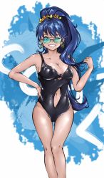 Rule 34 | 1girl, ;d, aviator sunglasses, black one-piece swimsuit, blue-tinted eyewear, blue-tinted glasses, blue eyes, blue hair, breasts, cleavage, clothing cutout, commentary request, dark skin, dark-skinned female, earrings, ganaha hibiki, grin, hair ornament, hair scrunchie, hand on own hip, hibi taka, high ponytail, highres, hoop earrings, idolmaster, idolmaster (classic), jewelry, korean commentary, large breasts, long hair, looking over eyewear, looking over glasses, navel, navel cutout, one-piece swimsuit, one eye closed, open mouth, ponytail, ray-ban, scrunchie, smile, solo, standing, sunglasses, swimsuit, tan, thigh gap, tinted eyewear, very long hair