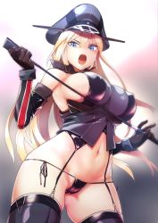 Rule 34 | 1girl, adapted costume, anchor, bare shoulders, bismarck (kancolle), black panties, blonde hair, blue eyes, breasts, cameltoe, cleft of venus, corset, covered erect nipples, cowboy shot, crop top, detached sleeves, dominatrix, gloves, gluteal fold, gradient background, groin, hat, highres, holding, holding riding crop, kantai collection, large breasts, long hair, looking at viewer, military hat, navel, open mouth, panties, peaked cap, rampage 2nd, riding crop, side-tie panties, simple background, skindentation, solo, stomach, string panties, thighhighs, thighs, underwear, uniform, whip