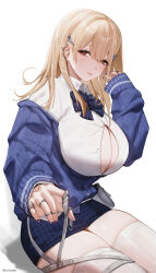 Rule 34 | 1girl, blonde hair, blue bow, blue bowtie, blue skirt, blush, bow, bowtie, breasts, brown eyes, chilakkk, collared shirt, goddess of victory: nikke, hair ornament, highres, huge breasts, jewelry, long hair, looking at viewer, ring, shirt, skirt, smile, tia (nikke), white background, white shirt