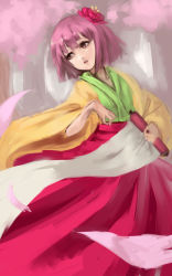 Rule 34 | 1girl, bob cut, brown eyes, cherry blossoms, flower, hair flower, hair ornament, hakama, hakama skirt, haori, head tilt, highres, holding, inishie kumo, japanese clothes, long sleeves, looking to the side, parted bangs, pink hair, pink hakama, red flower, scroll, skirt, solo, touhou, wide sleeves